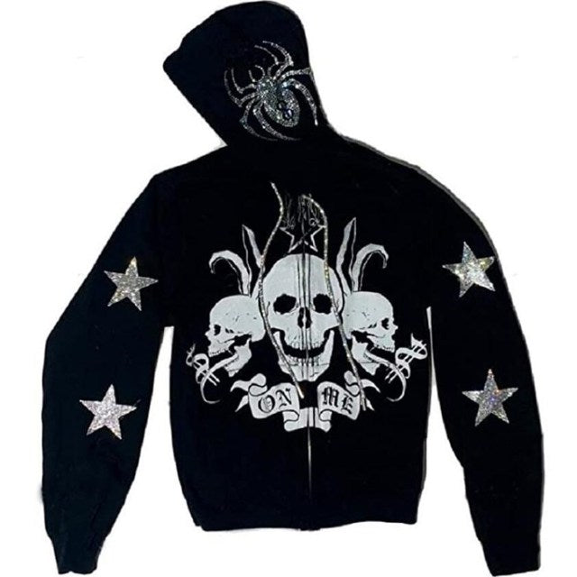 Zip Hoodie Rhinestone Skeleton Goth Sweatshirt Sport Coat Pullover Men&#39;s Gothic Long Sleeve Oversized Hoodie Y2k Jacket Hoodies