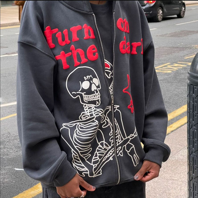 Zip Hoodie Rhinestone Skeleton Goth Sweatshirt Sport Coat Pullover Men&#39;s Gothic Long Sleeve Oversized Hoodie Y2k Jacket Hoodies