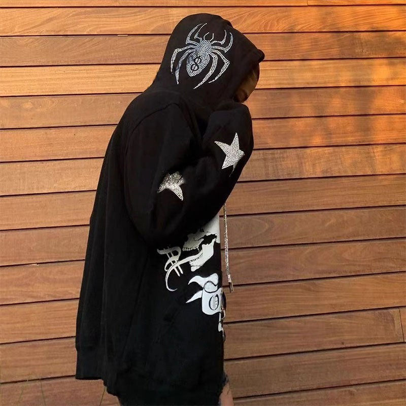 Zip Hoodie Rhinestone Skeleton Goth Sweatshirt Sport Coat Pullover Men&#39;s Gothic Long Sleeve Oversized Hoodie Y2k Jacket Hoodies