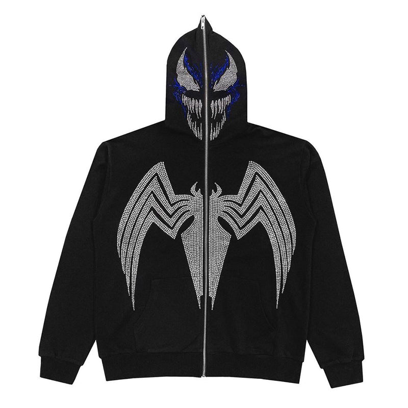 Zip Hoodie Rhinestone Skeleton Goth Sweatshirt Sport Coat Pullover Men&#39;s Gothic Long Sleeve Oversized Hoodie Y2k Jacket Hoodies